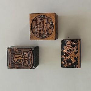 3 Vintage Wood Copper Block Printing Press Stamps